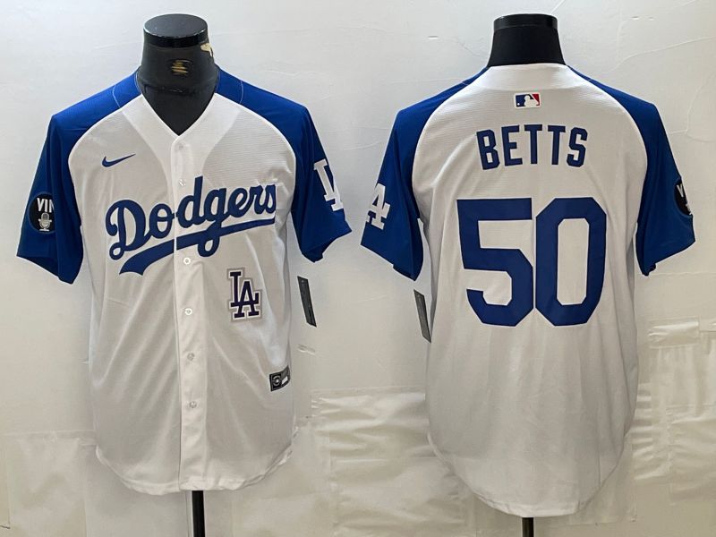 Men Los Angeles Dodgers 50 Betts White blue Fashion Nike Game MLB Jersey style 5